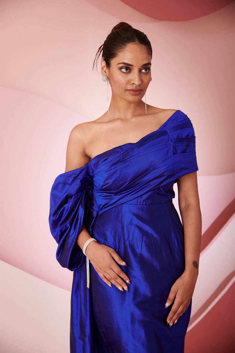 Sedna blue silk draped column gown featuring luxurious silk fabric and an elegant draped design, ideal for formal occasions