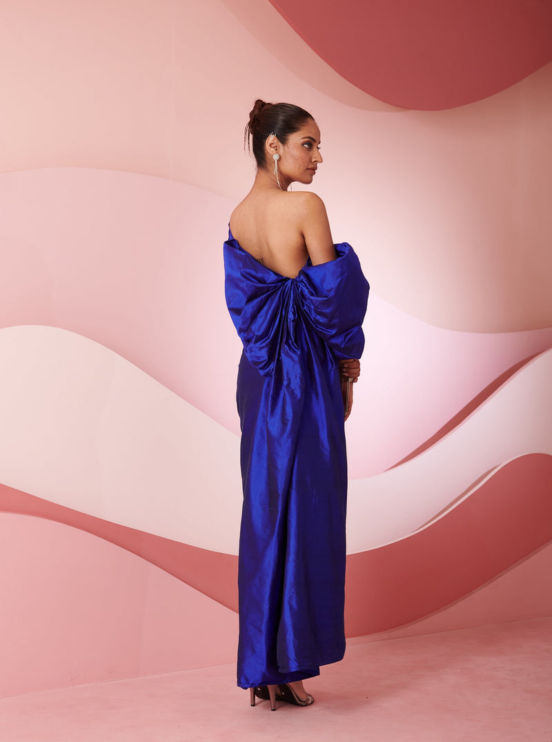 Sedna blue silk draped column gown featuring luxurious silk fabric and an elegant draped design, ideal for formal occasions