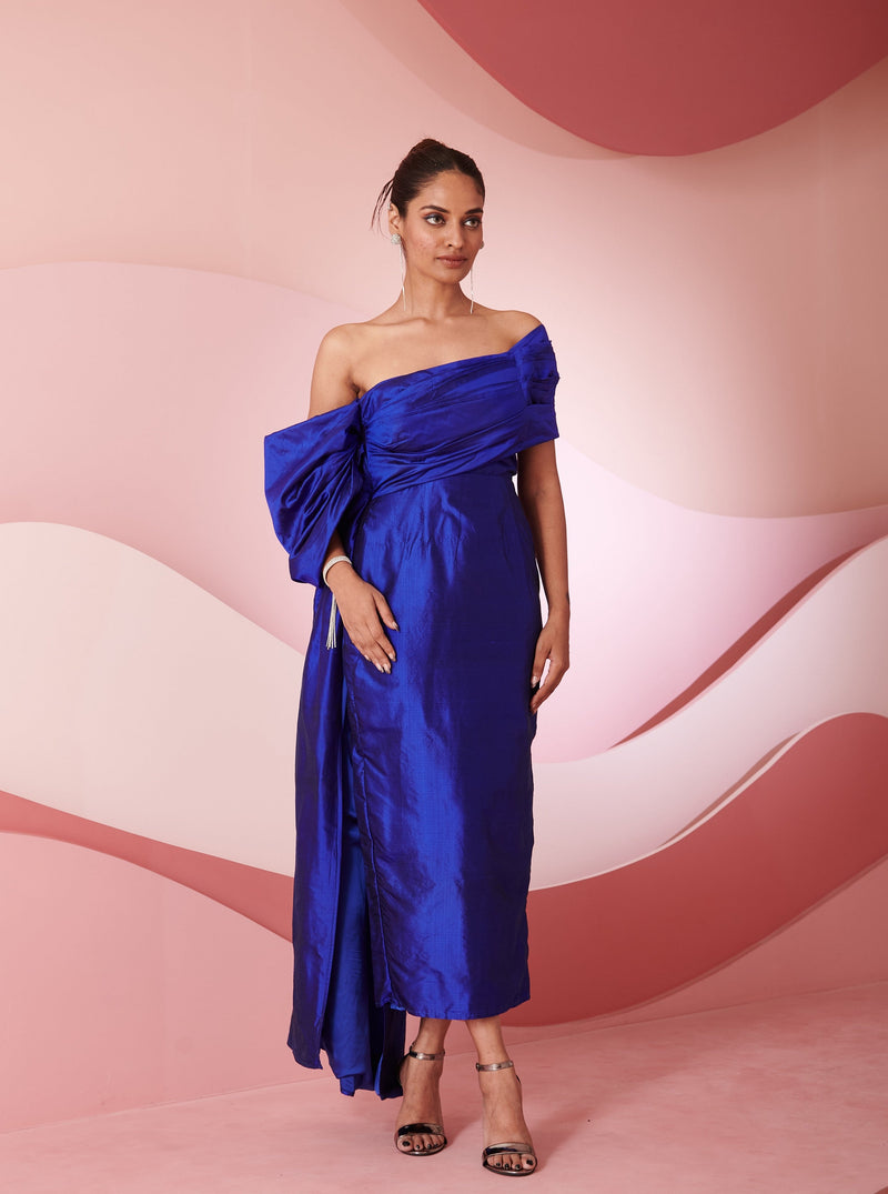 Sedna blue silk draped column gown featuring luxurious silk fabric and an elegant draped design, ideal for formal occasions