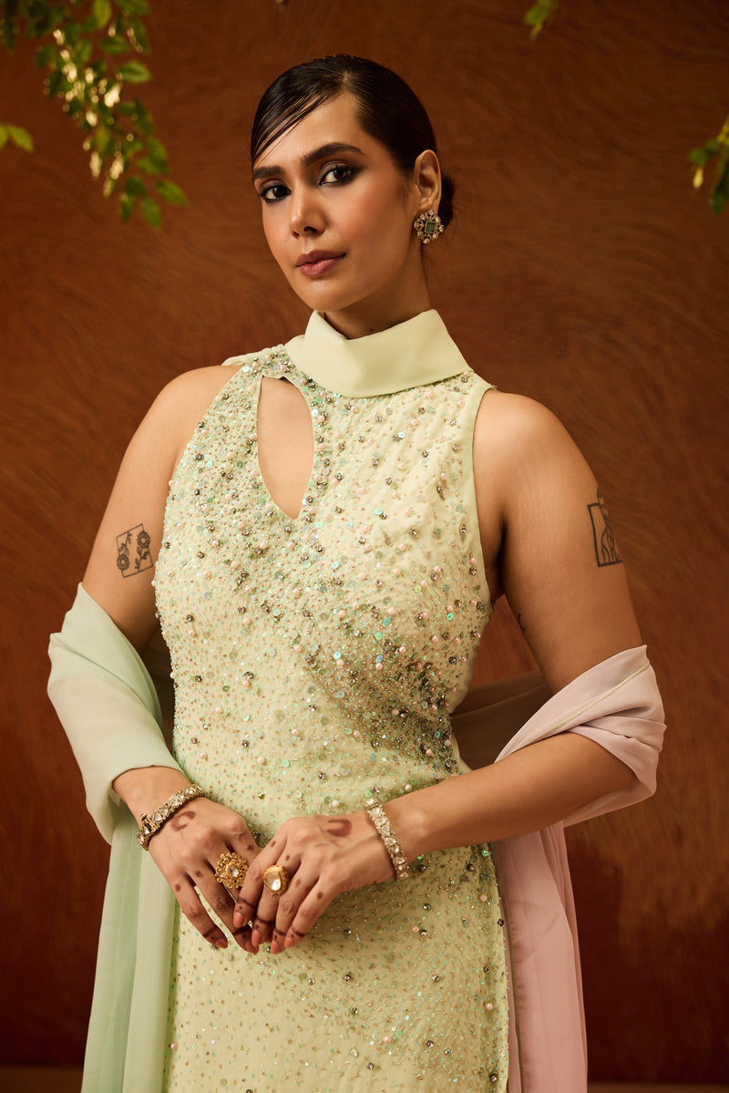 Shayara Pastel Green Embellished Kurta Set
