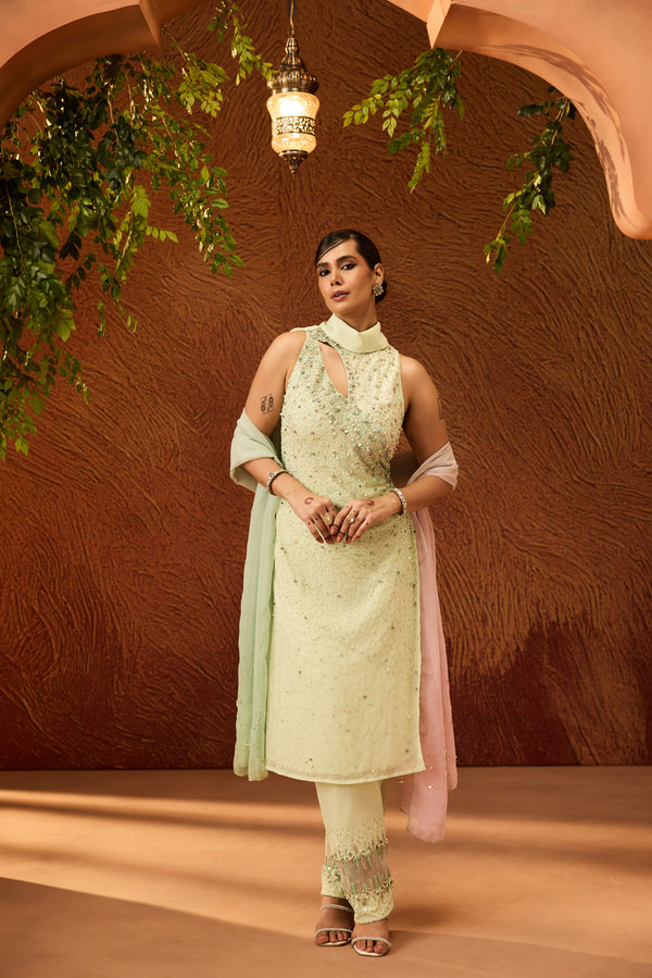 Shayara Pastel Green Embellished Kurta Set
