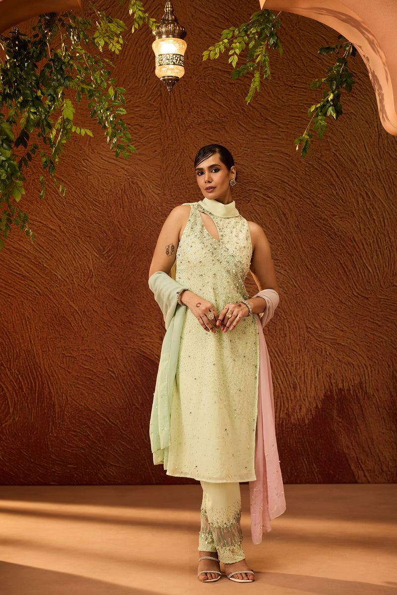 Shayara Pastel Green Embellished Kurta Set
