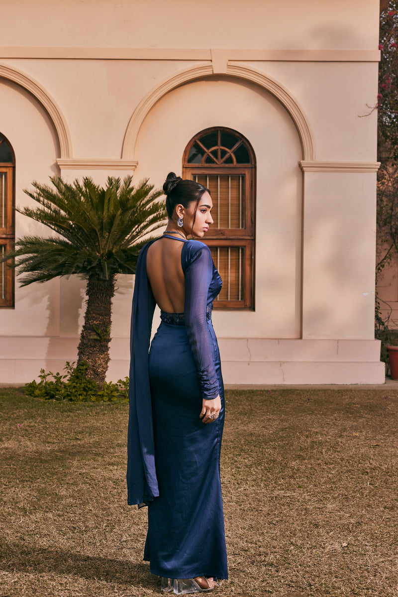 Shifaa Navy Blue Hand-Embroidered Shimmer Saree Gown featuring intricate embroidery and a shimmering navy blue fabric