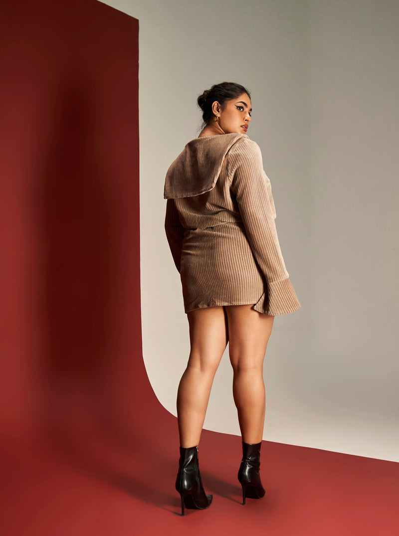 Sienna tan ribbed velvet lounge mini dress for a cozy yet chic look