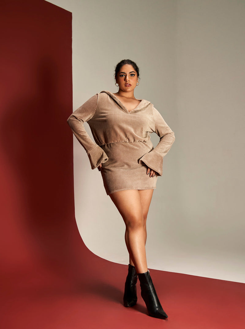 Sienna tan ribbed velvet lounge mini dress for a cozy yet chic look