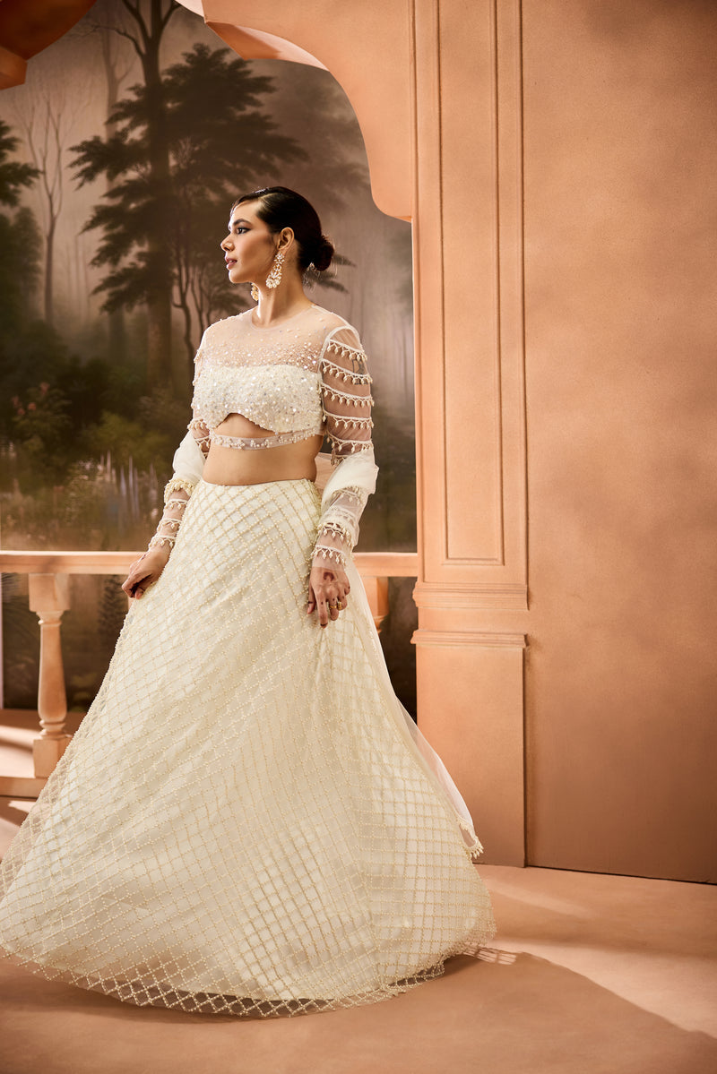 Sifat White Pearl Embroidered Lehenga Set
