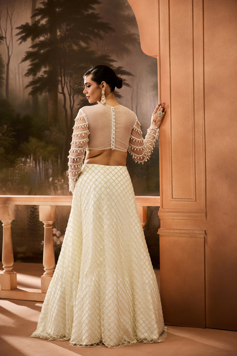 Sifat White Pearl Embroidered Lehenga Set
