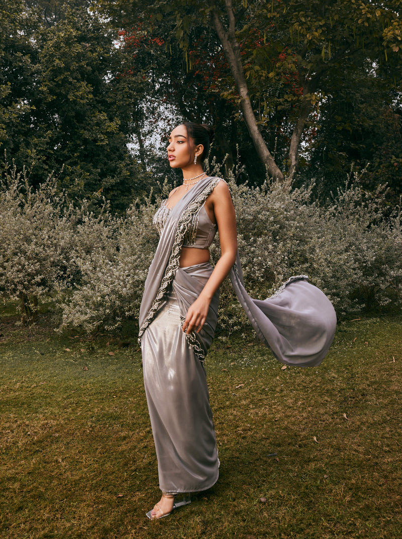 Sobia Grey Shimmer Chiffon Pre-Draped Saree Set featuring a shimmering grey chiffon fabric in a pre-draped design