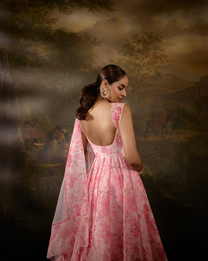 "Tanvee Pink Floral Printed Corset Anarkali Suit: Anarkali suit featuring a pink floral print corset for a graceful and