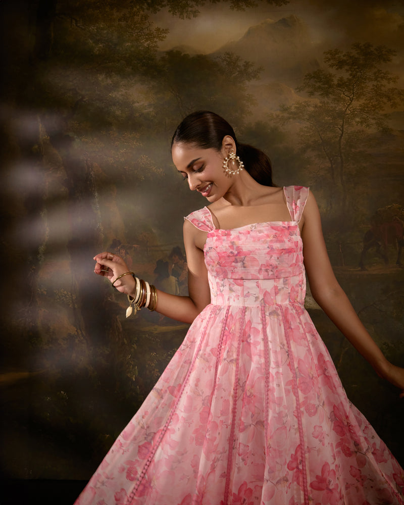 "Tanvee Pink Floral Printed Corset Anarkali Suit: Anarkali suit featuring a pink floral print corset for a graceful and