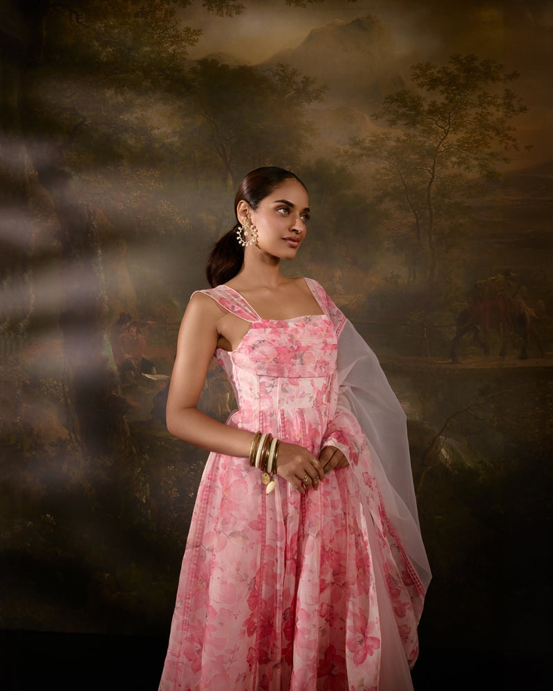 "Tanvee Pink Floral Printed Corset Anarkali Suit: Anarkali suit featuring a pink floral print corset for a graceful and