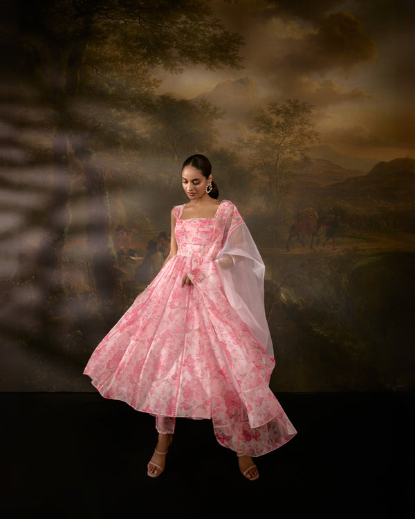 "Tanvee Pink Floral Printed Corset Anarkali Suit: Anarkali suit featuring a pink floral print corset for a graceful and
