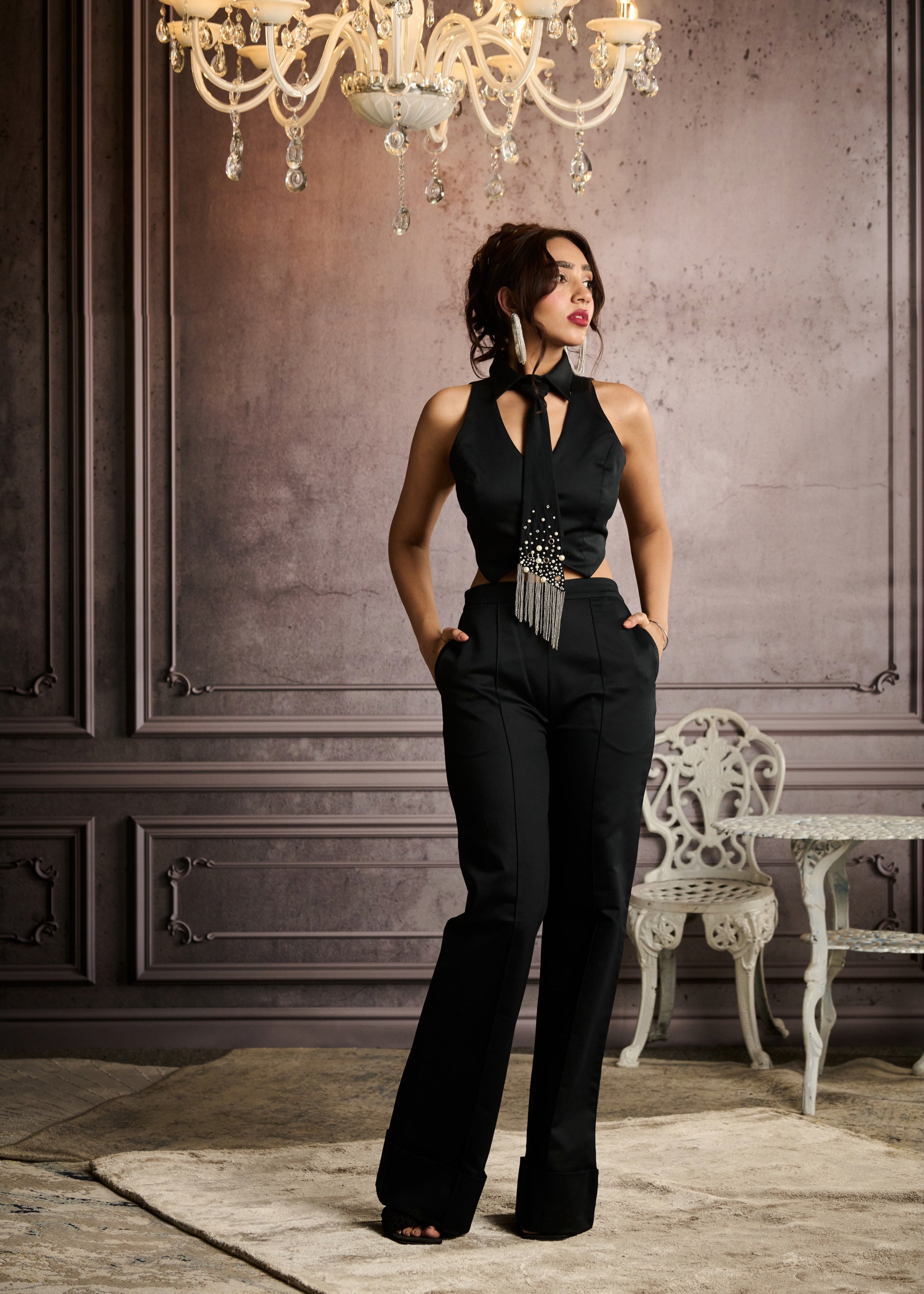 Tazanna Black Waistcoat With Hand-Embellished Tie
