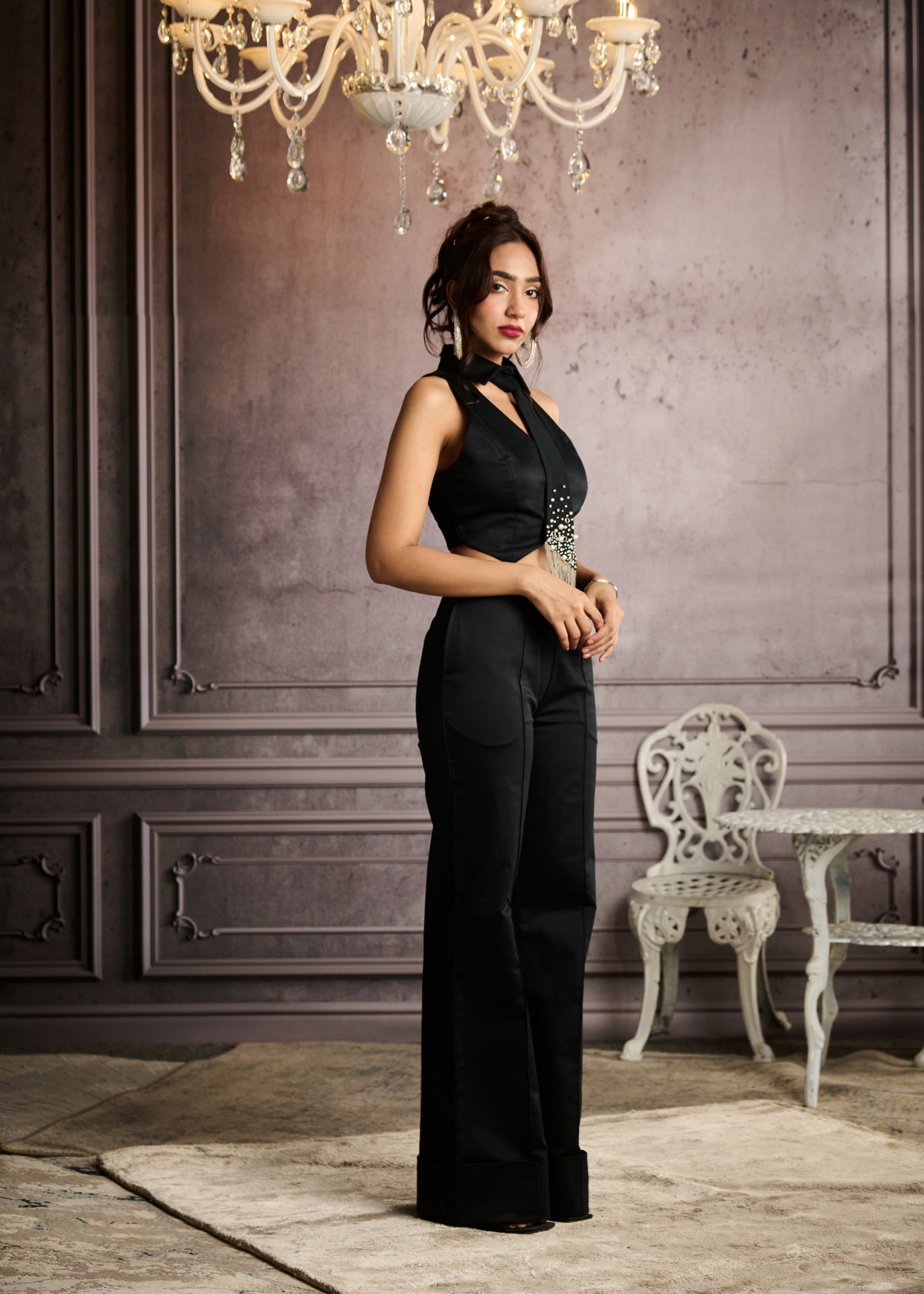 Tazanna Black Waistcoat With Hand-Embellished Tie
