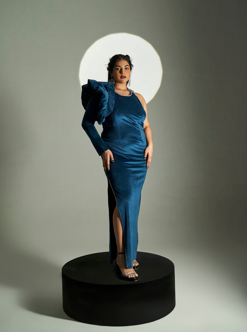 Topaz Blue Velvet Gown with a rich, luxurious velvet fabric and an elegant gown silhouette