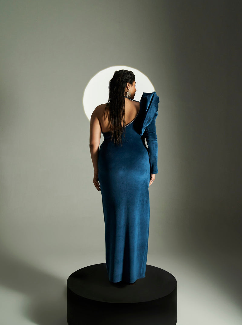 Topaz Blue Velvet Gown with a rich, luxurious velvet fabric and an elegant gown silhouette