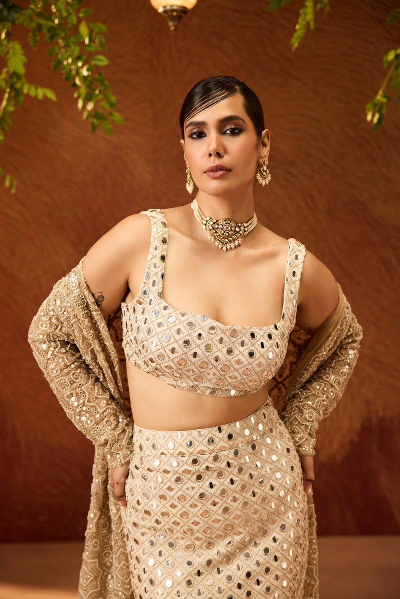 Upasana Gold Embellished Bralette-Column Skirt with Jacket Set
