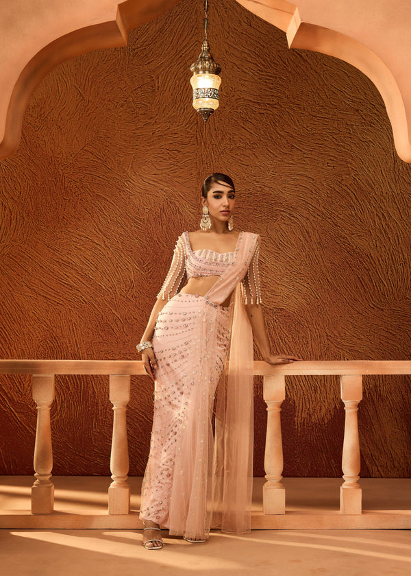 Vedika Baby Pink Rhinestone Embellished Saree
