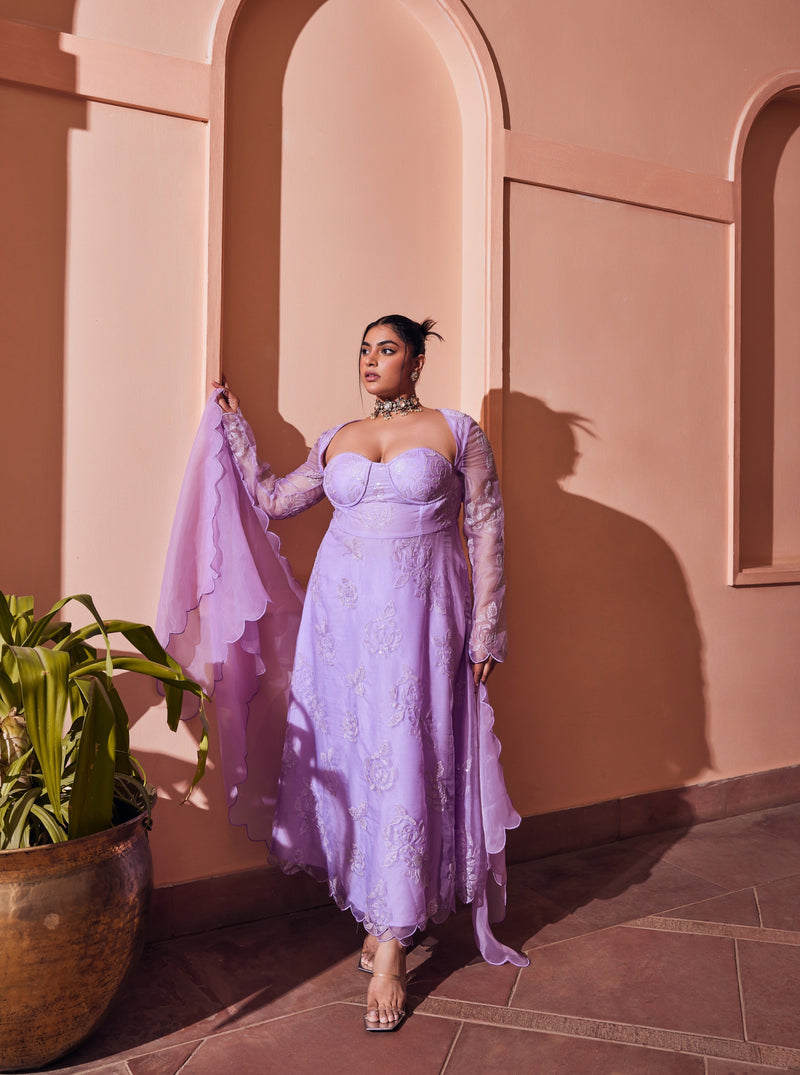 Warhi Purple Organza Anarkali Set featuring elegant design and luxurious purple organza fabric