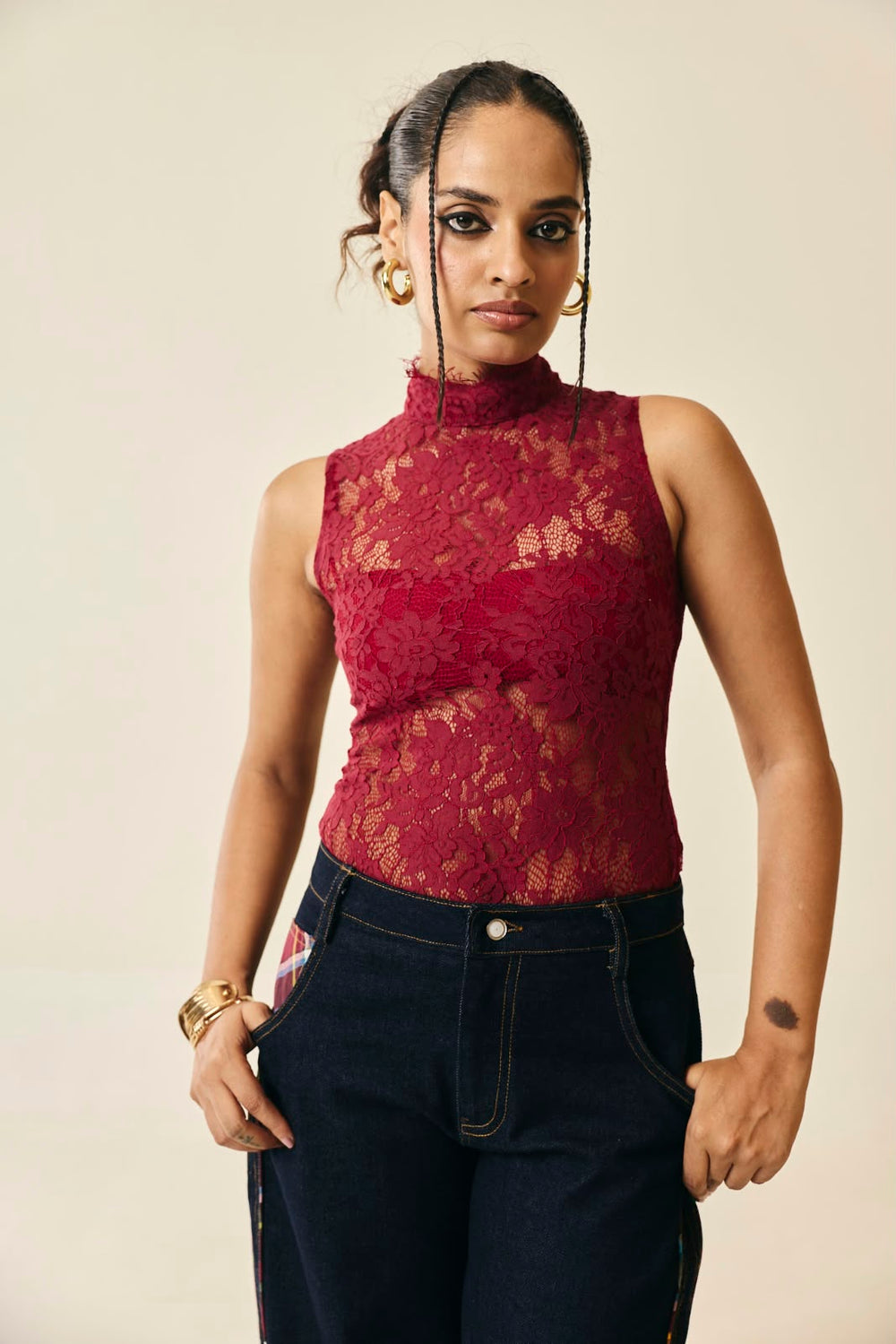 Embervine Burgundy Lace Mock-Neck Bodysuit