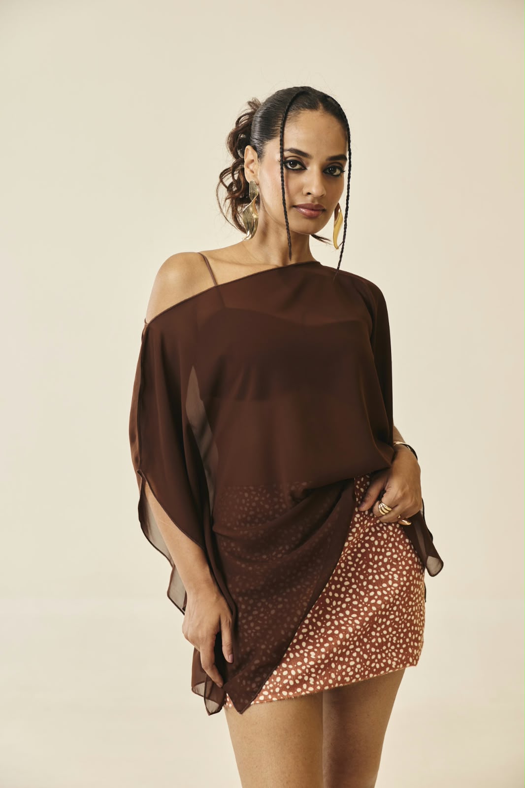 Arina Brown Sheer Asymmetric Cape Top
