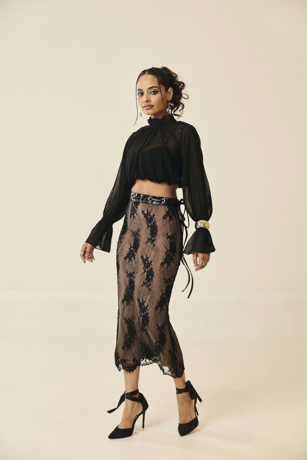 Rosaline Black Lace and Leather Midi Skirt