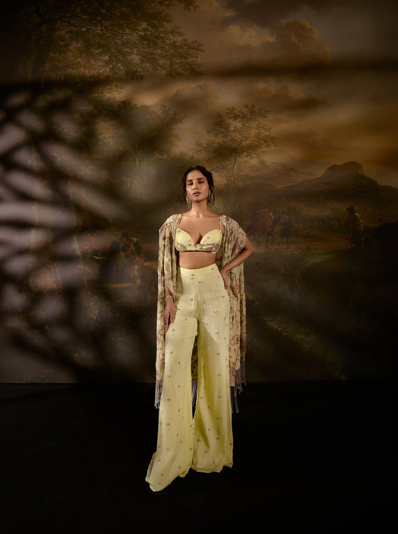 "Yuvika Yellow Hand-Embroidered Coord Set with Cape: Yellow coordinated set with intricate hand-embroidery and a cape, offering a stylish and elegant ensemble."