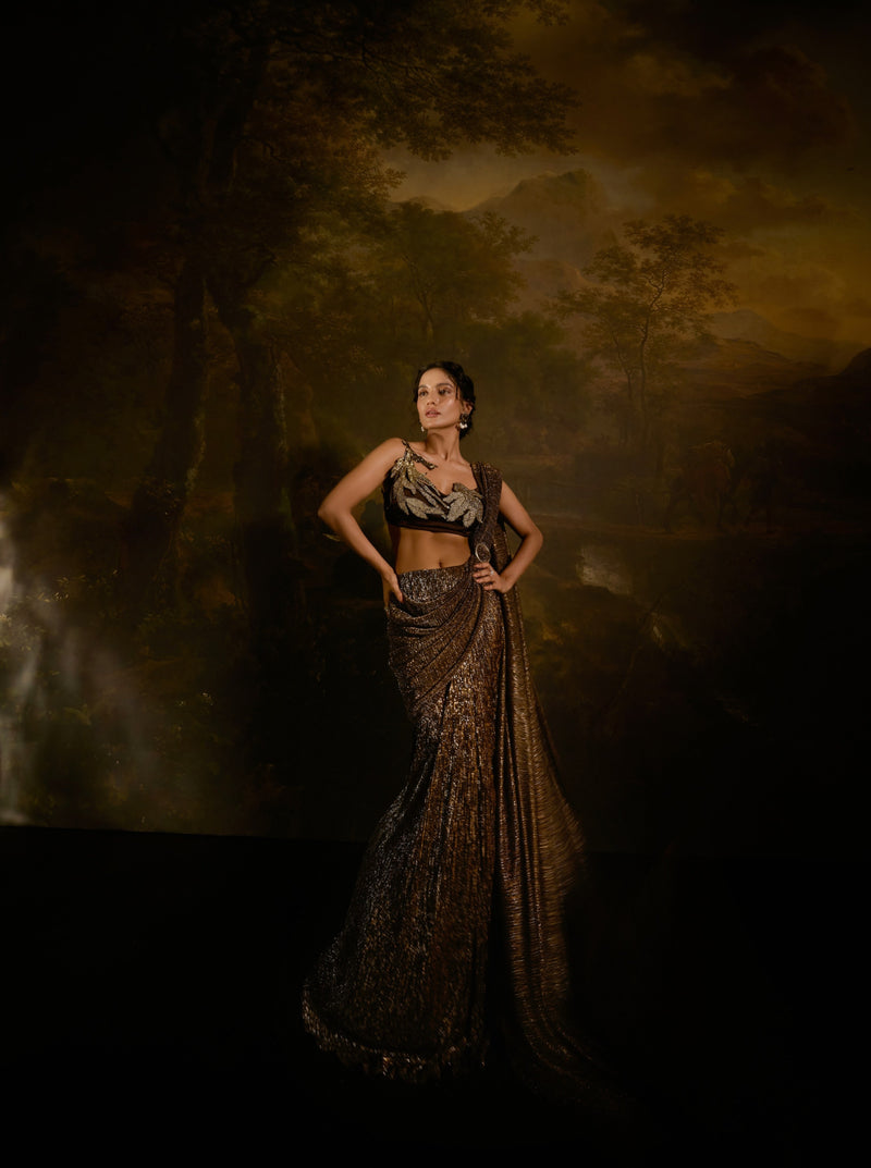 "Zaalima Brown Shimmer Pre-Draped Saree: Shimmering brown pre-draped saree, exuding glamour and sophistication."