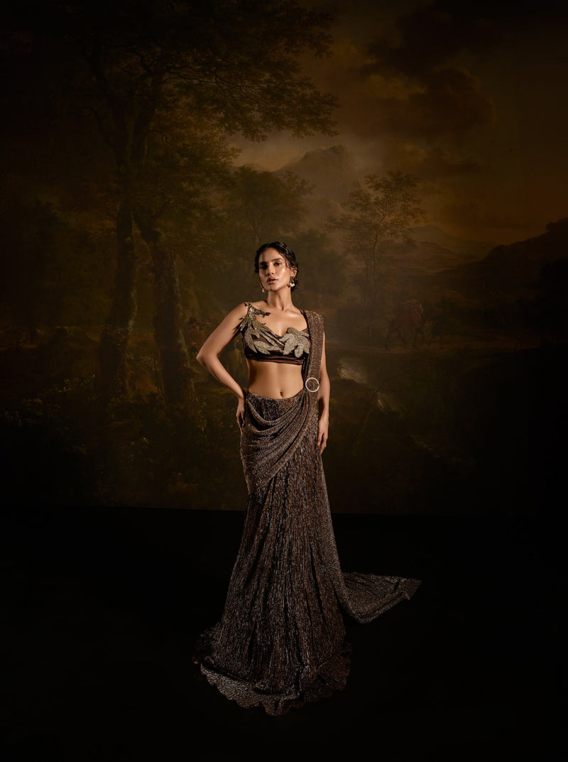 "Zaalima Brown Shimmer Pre-Draped Saree: Shimmering brown pre-draped saree, exuding glamour and sophistication."