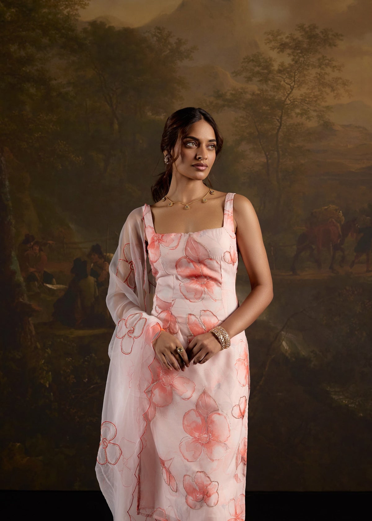 "Zayra Pink Floral Print Embellished Straight Kurta Set: Stylish straight kurta set in pink with floral print and embellishments, perfect for a chic look."