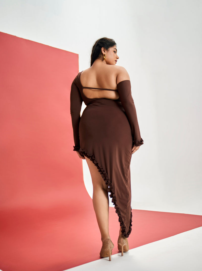 Zena Brown Spandex Asymmetrical Dress featuring a sleek spandex fabric and a stylish asymmetrical design