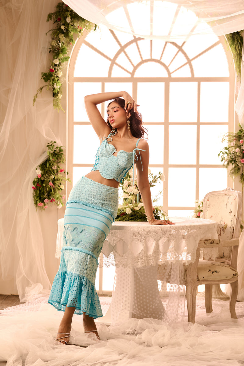 Zita Powder Blue Coord Set with a matching crop top and high-waisted pants in a soft powder blue fabric, offering a chic and coordinated look