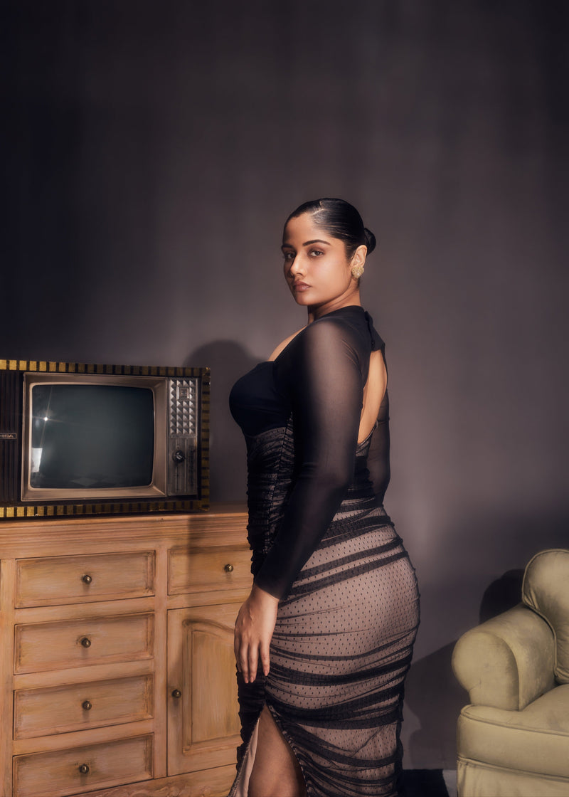 Zorina Sheer Ruched Mesh Bodycon Dress CL Lea Clothing Co. Zorina Sheer Ruched Mesh Bodycon Dress CL Lea Clothing Co.