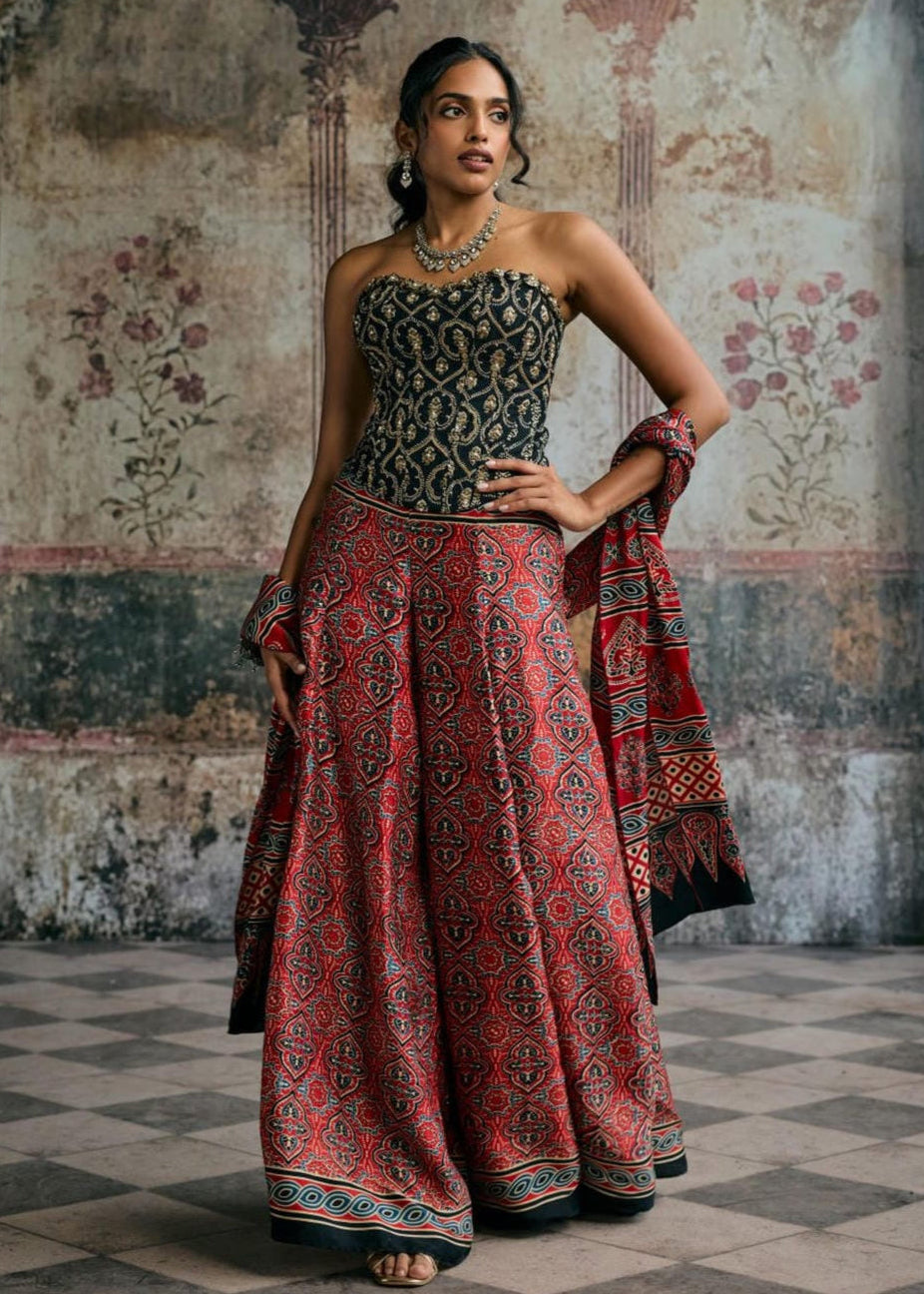 Rhea Ajrakh Hand Embroidered Corset Gharara Set