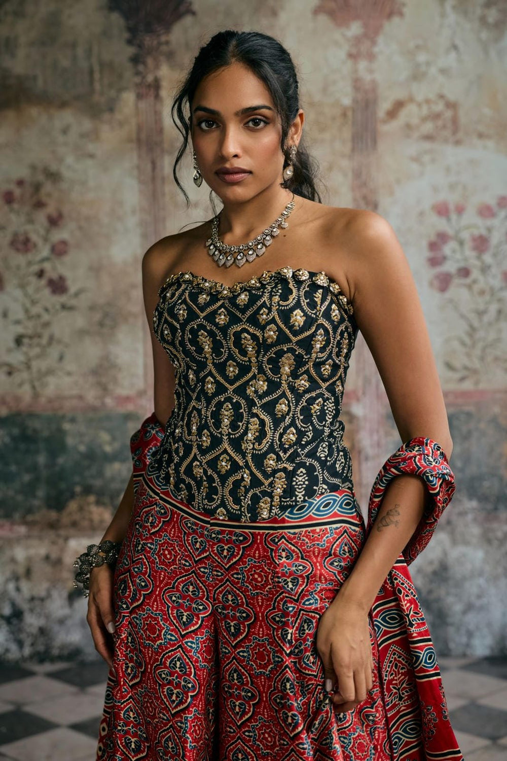 Rhea Black Ajrakh Hand Embroidered Corset