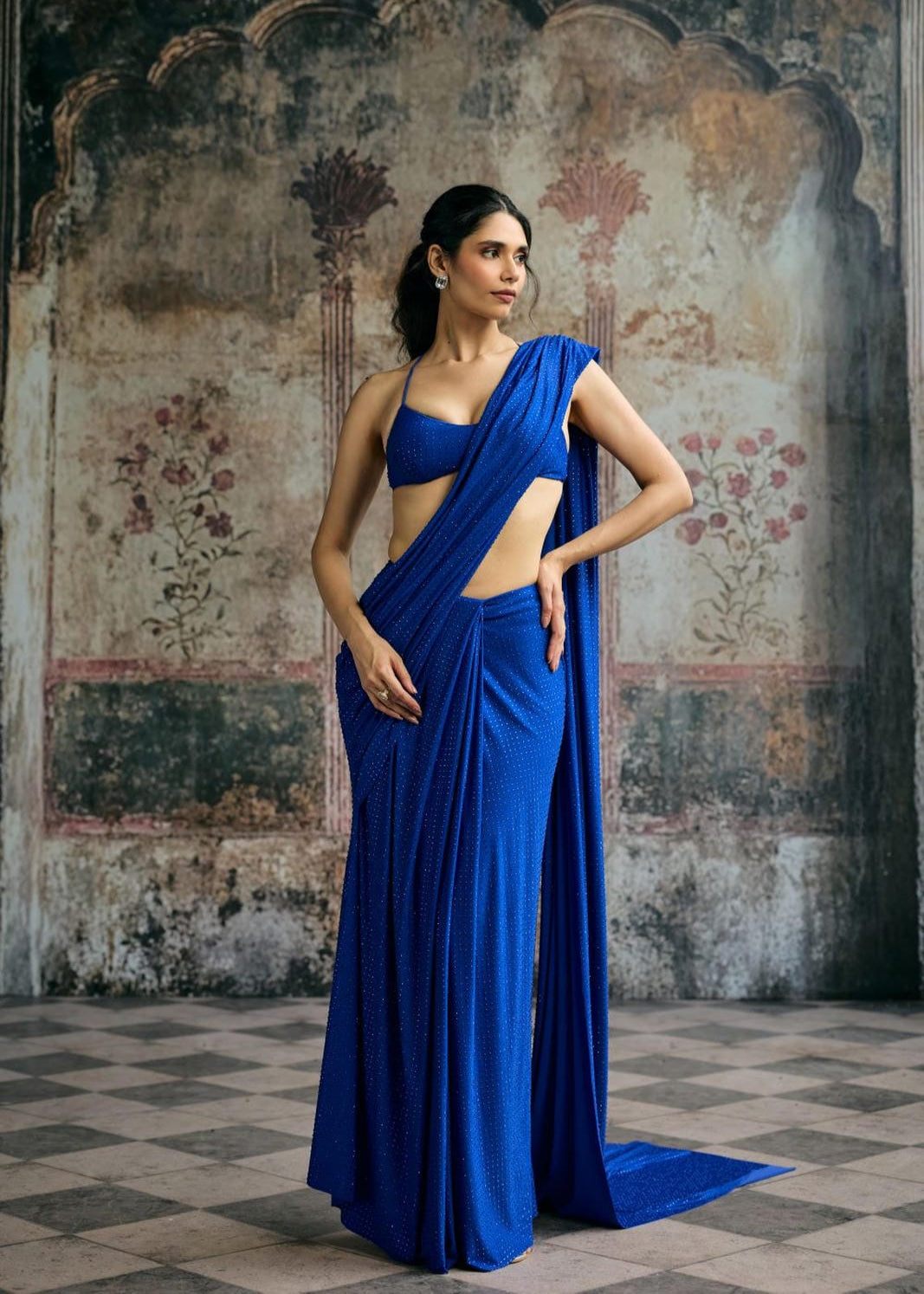Neel Electric Blue Rhinestone Saree Set
