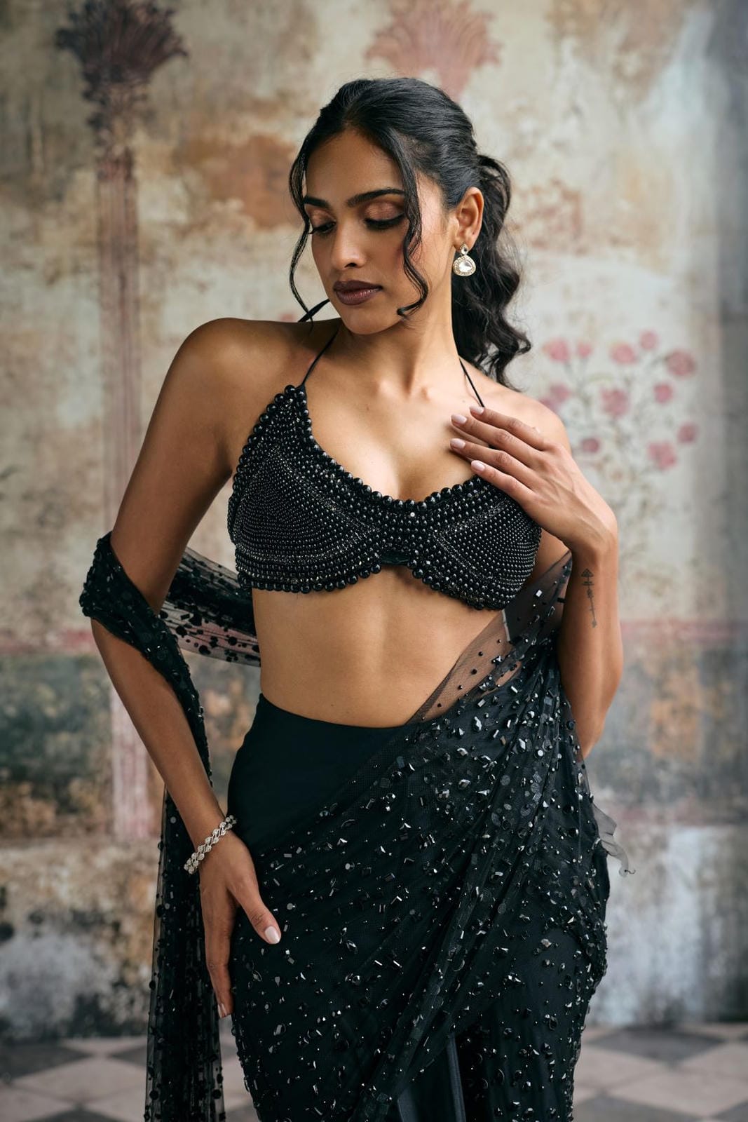 Aliara Black Satin Pearl Embellished  Blouse