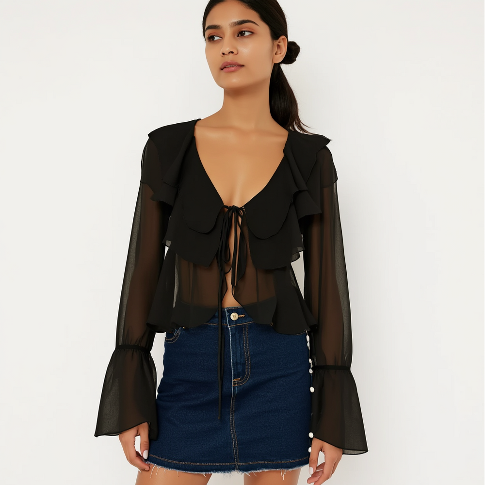 Briar Black Georgette Ruffled Boho Blouse