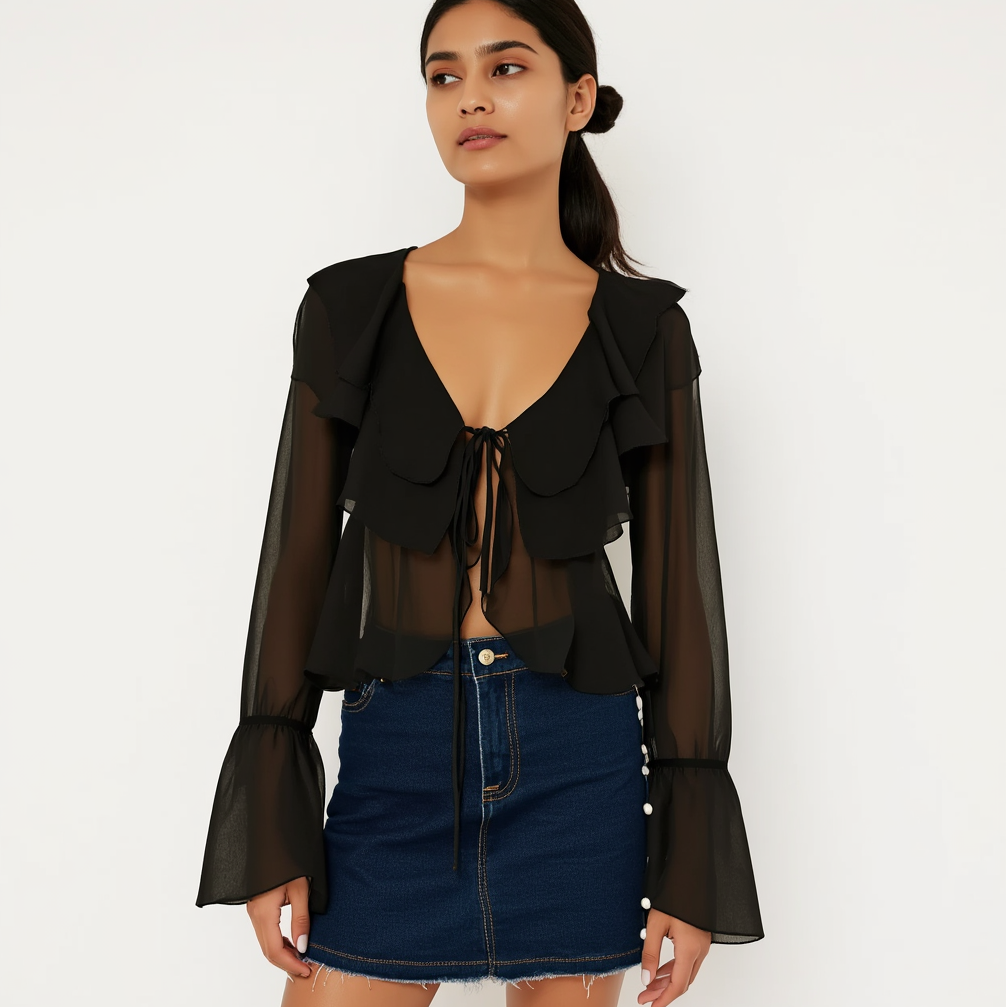 Briar Black Georgette Ruffled Boho Blouse