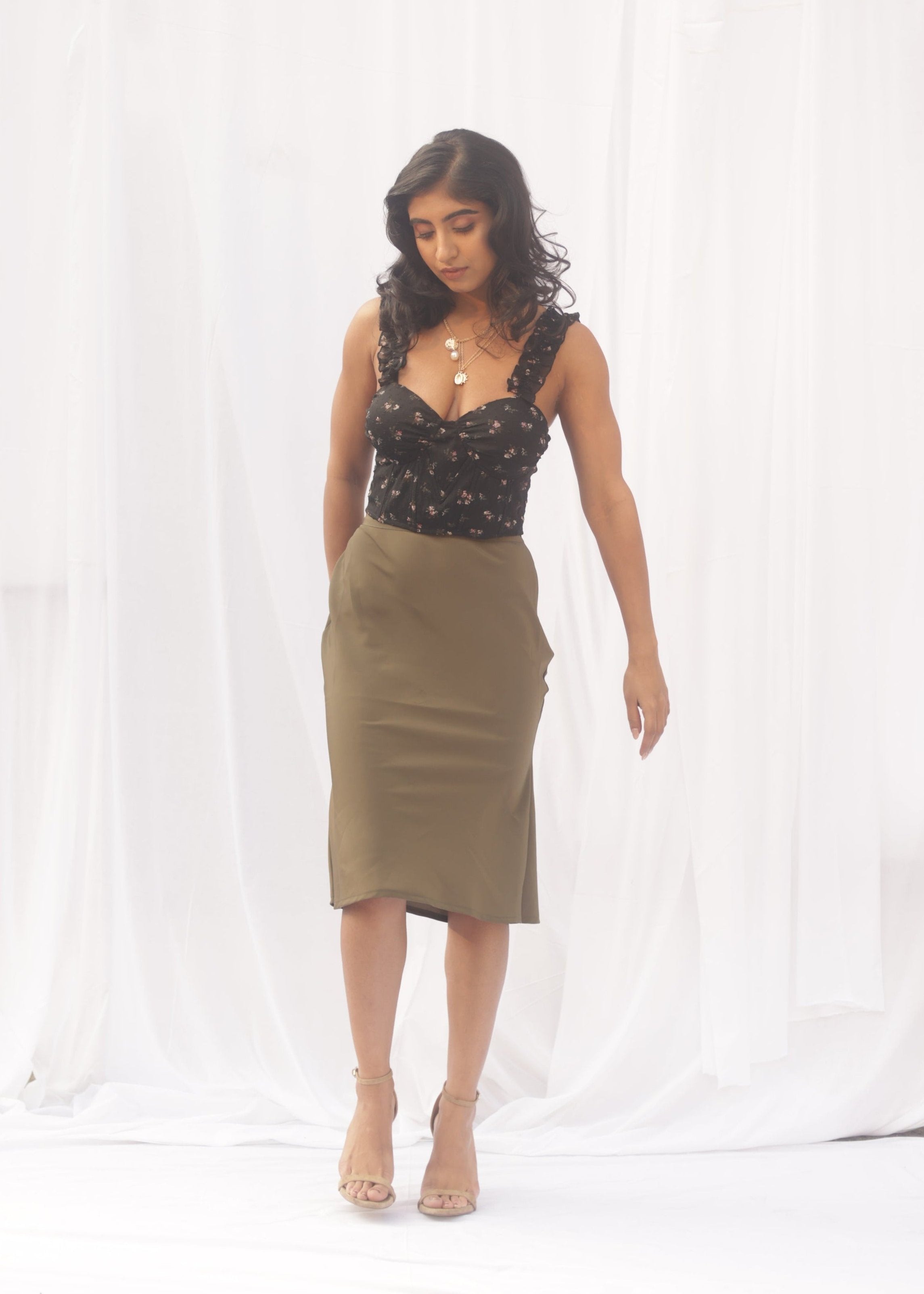 Amelie Khaki Satin Trumpet Cut Midi Skirt - Lea Clothing Co.