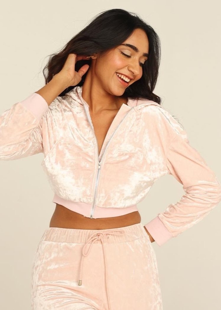 Cady Baby Pink Velour Crop Hoodie - Lea Clothing Co.