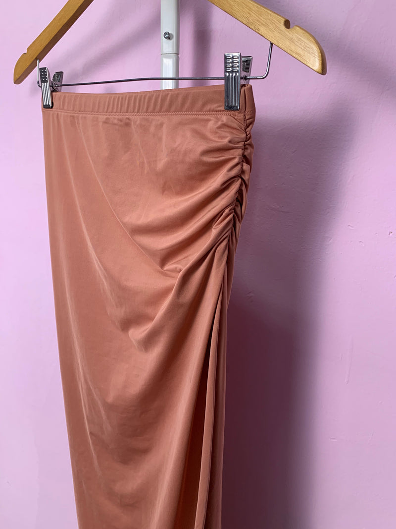 Charlene Blush Ruched Slit Maxi Skirt Fit Sample with a soft blush color, ruched detailing, and a stylish slit