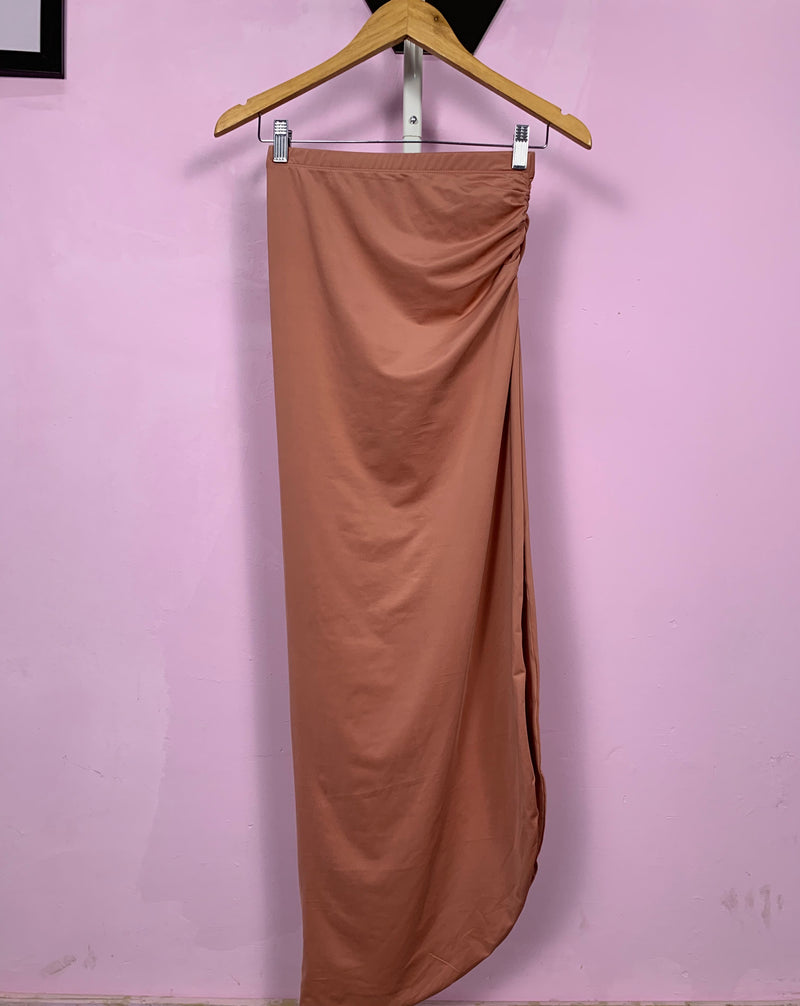 Charlene Blush Ruched Slit Maxi Skirt Fit Sample with a soft blush color, ruched detailing, and a stylish slit