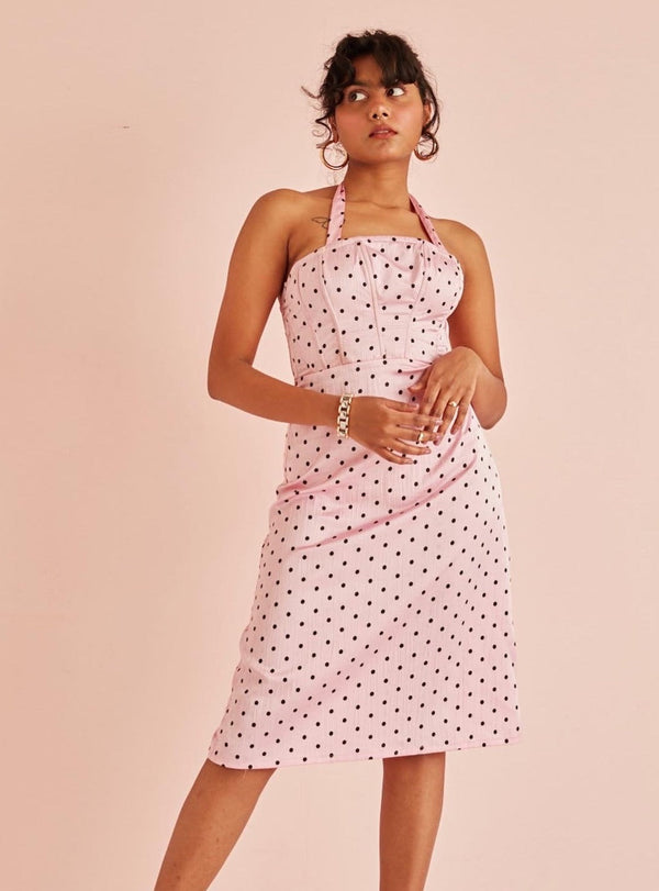 Coco Pink Polka Dot Corset Midi Dress
