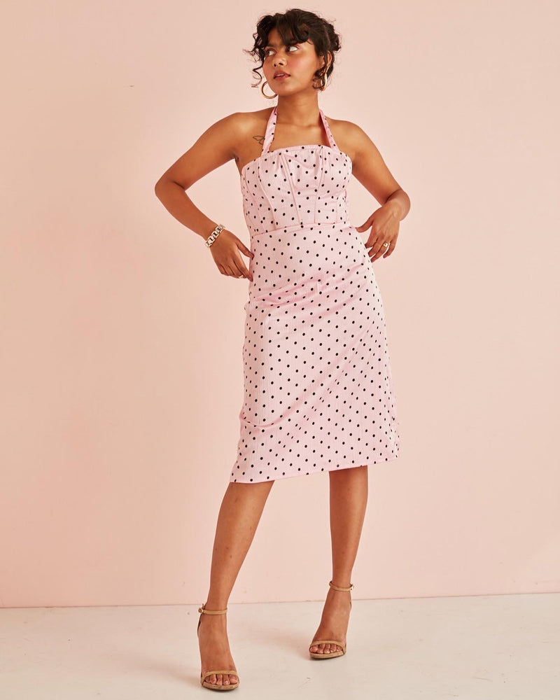 Coco Pink Polka Dot Corset Midi Dress
