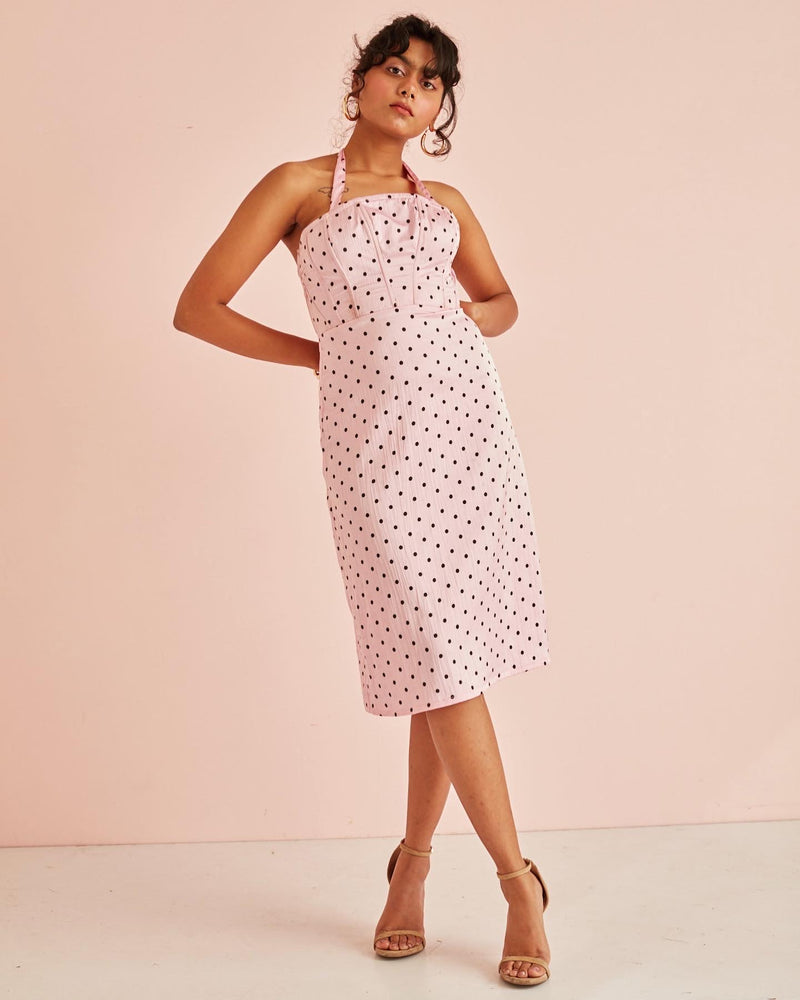 Coco Pink Polka Dot Corset Midi Dress
