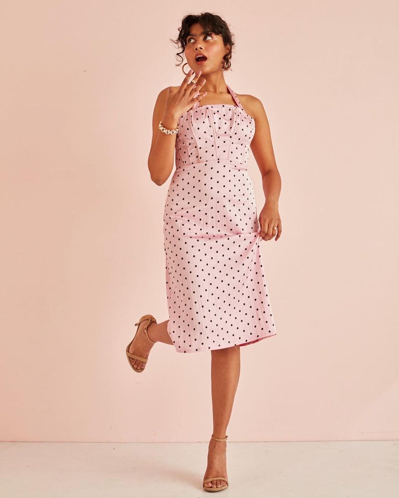 Coco Pink Polka Dot Corset Midi Dress
