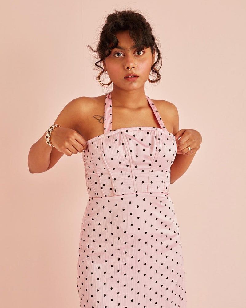 Coco Pink Polka Dot Corset Midi Dress
