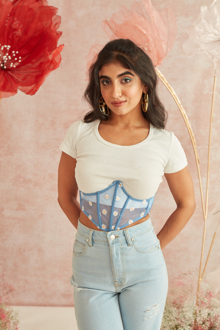 Daisy Blue Embroidered Underbust Corset Belt
