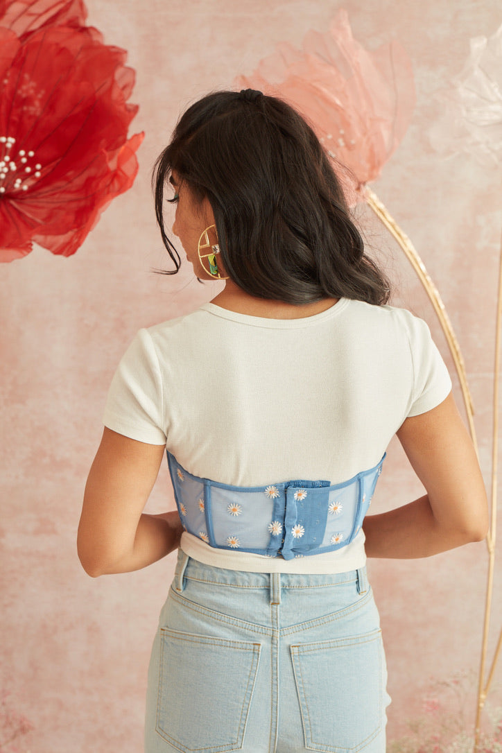 Daisy Blue Embroidered Underbust Corset Belt
